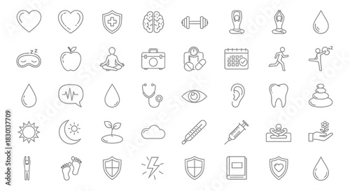Collection of Health and Wellness Icons for Medical and Lifestyle Use. Vector Illustrations. EPS Editable