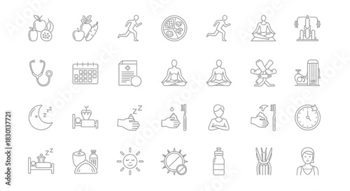 Collection of Health and Wellness Icons Representing Healthy Lifestyle Choices. Vector Illustrations. EPS Editable