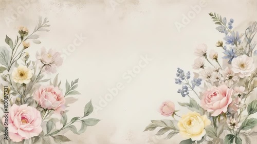 A floral watercolor painting featuring roses and other flowers, on beige background