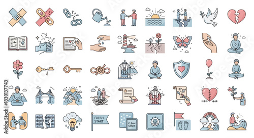 Collection of Icons Representing Abstract Concepts and Human Emotions. Vector Illustrations. EPS Editable