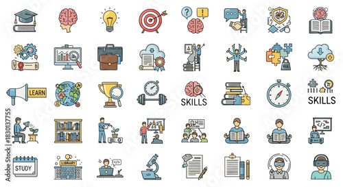 Collection of Icons Representing Education Skills and Business Concepts. Vector Illustrations. EPS Editable