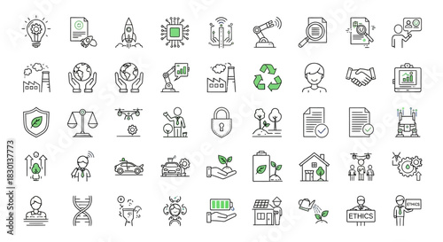 Collection of Icons Representing Innovation Technology and Sustainability. Vector Illustrations. EPS Editable