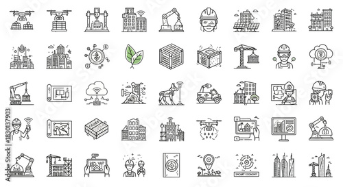 Collection of Industry and Construction Icons Representing Various Aspects of Building and Engineering. Vector Illustrations. EPS Editable