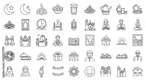 Collection of Islamic and Ramadan Icons in a HandDrawn Sketch Style. Vector Illustrations. EPS Editable