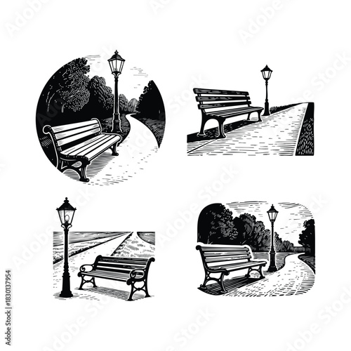 vintage-style woodcut illustrations featuring a park bench and a lamppost along a path, shown in different scenic frames and settings