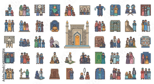 Collection of Islamic Culture and People Icons. Vector Illustrations. EPS Editable