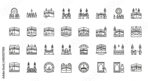 Collection of Islamic Architecture and Religious Symbols HandDrawn Icons. Vector Illustrations. EPS Editable