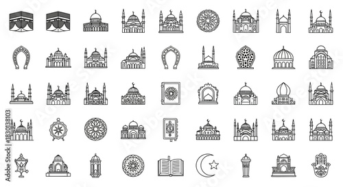 Collection of Islamic Icons and Symbols Representing Architecture and Faith. Vector Illustrations. EPS Editable