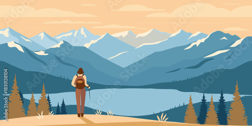 Woman hiker enjoying mountain view with lake and forest landscape illustration