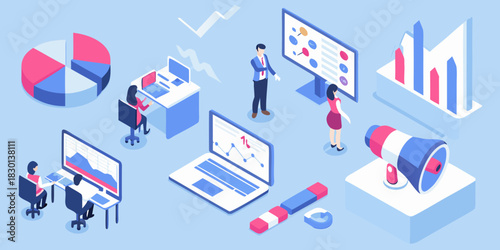 Isometric business team analyzing data and charts for successful marketing strategy