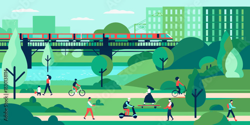 City park scene with people train buildings and green spaces