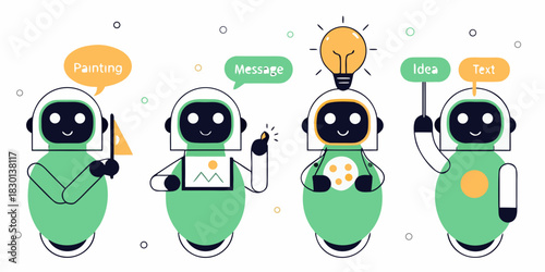 Robots with different tasks and ideas painting message idea and text