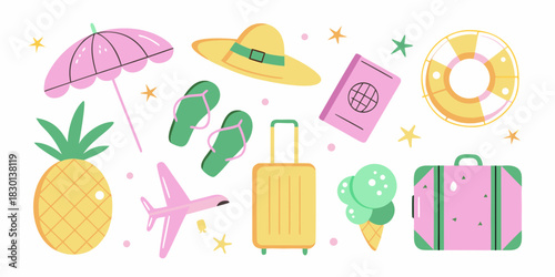Summer vacation items illustration suitcase passport pineapple ice cream and more