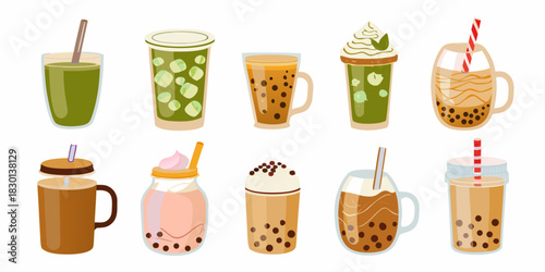 Collection of different flavored bubble tea drinks with various toppings