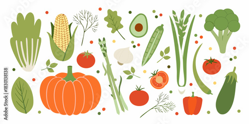 Fresh vegetables and herbs flat lay illustration on white background