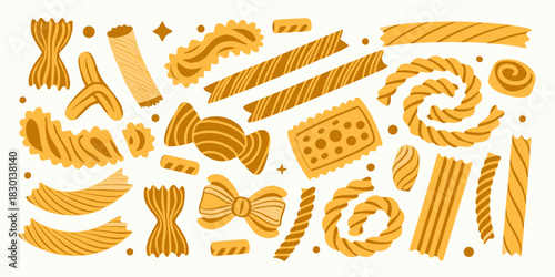 Variety of pasta types flat vector illustration on white background