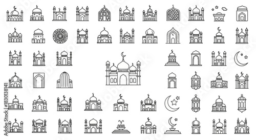 Collection of Islamic Mosque Icons and Symbols for Religious and Architectural Design. Vector Illustrations. EPS Editable