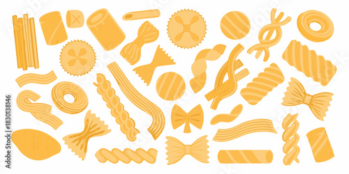 Variety of pasta shapes types and forms on white background