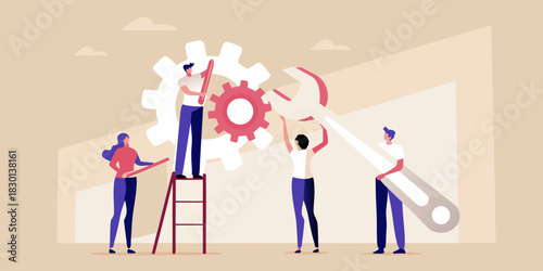 Teamwork illustration people working together with gears and a wrench