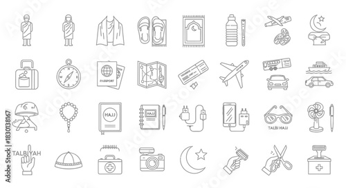 Collection of Islamic Travel and Pilgrimage Icons for Umrah and Hajj. Vector Illustrations. EPS Editable