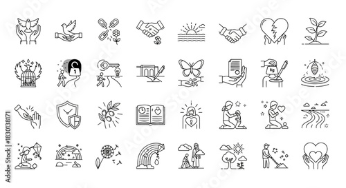 Collection of Line Art Icons Representing Hope Growth and Connection. Vector Illustrations. EPS Editable