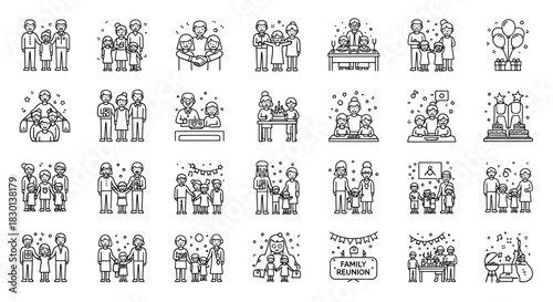 Collection of Line Art Icons Representing People and Social Interactions. Vector Illustrations. EPS Editable