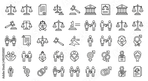 Collection of Legal and Justice Icons Representing Law and Order. Vector Illustrations. EPS Editable