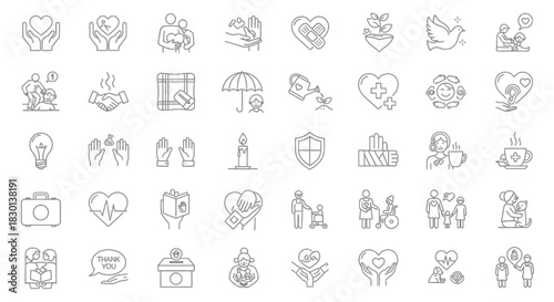 Collection of Line Icons Representing Care Support and Wellbeing. Vector Illustrations. EPS Editable
