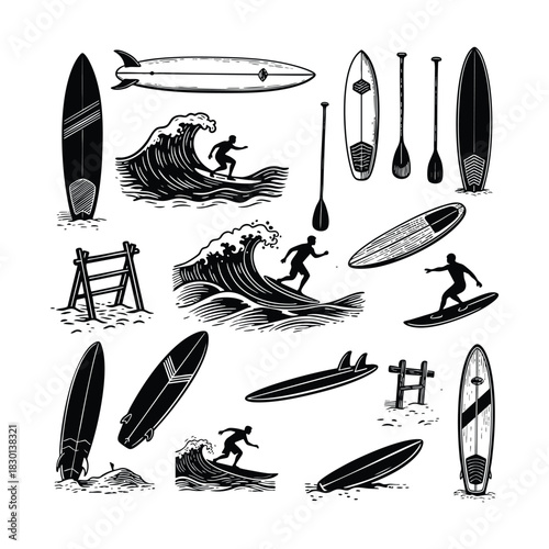 A collection of bold, black and white vintage-style illustrations featuring various surfboards, paddleboards, paddles, surfers riding dynamic ocean waves, and beach elements