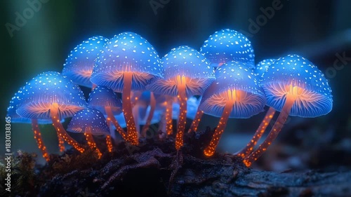 Glowing blue mushrooms illuminating forest floor at night