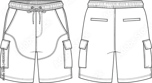 Fashion technical flat sketch template of men's cargo shorts with elastic drawstring waistband and large side pockets, front and back view vector illustration.