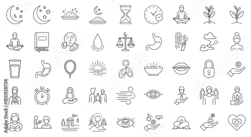 Collection of Line Icons Representing Health Wellness and Spirituality. Vector Illustrations. EPS Editable