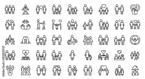 Collection of Line Icons Representing Family and Relationships. Vector Illustrations. EPS Editable