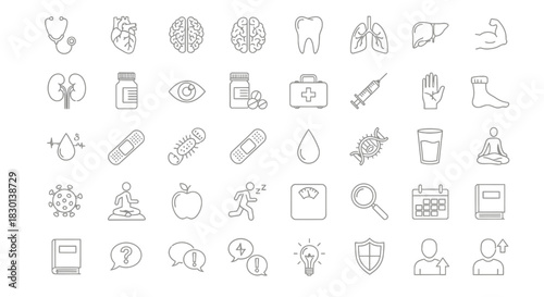 Collection of Medical and Health Related Icons for Healthcare and Science. Vector Illustrations. EPS Editable