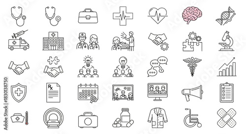 Collection of Medical and Healthcare Icons in Sketch Style. Vector Illustrations. EPS Editable