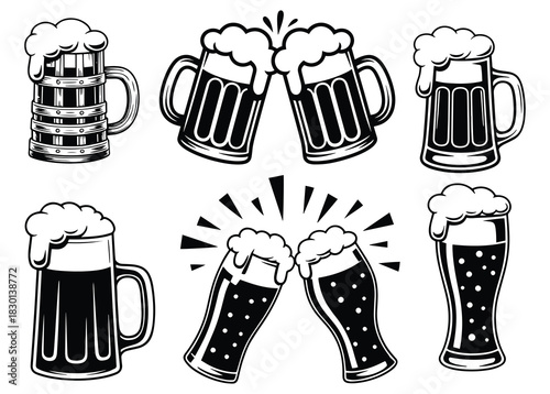 Beer glass silhouette icon set, Beer glasses and mugs clinking in celebration, Beer glass vector set, Frothy Beer Glasses & Mugs Set, Beer mug shape line art collection, Vector illustration