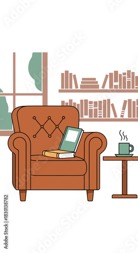 Armchair with books and a cup of coffee next to a bookshelf.