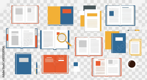 Open books, closed books, papers, pen, and coffee cup arranged.