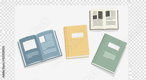 Four books, one open, scattered on a surface.