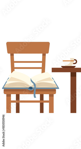 Open book on chair next to table with cup.