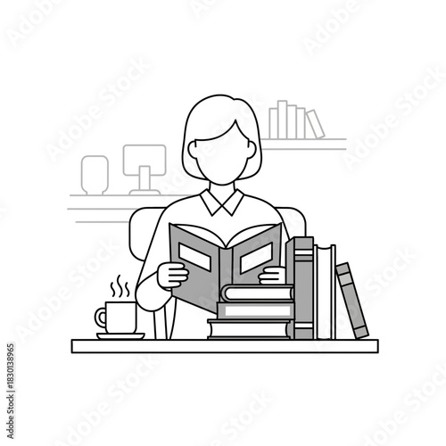 Person reading books with a cup of coffee and a computer.