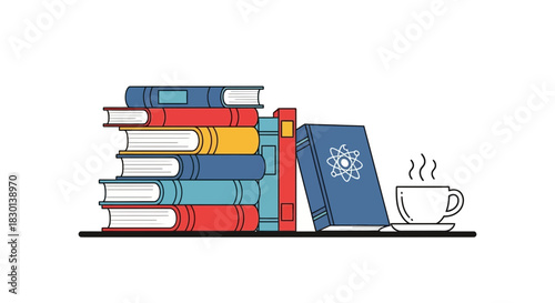 Stack of books and a steaming cup of coffee on a shelf.