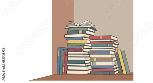 Stacked books with one open, some standing upright.