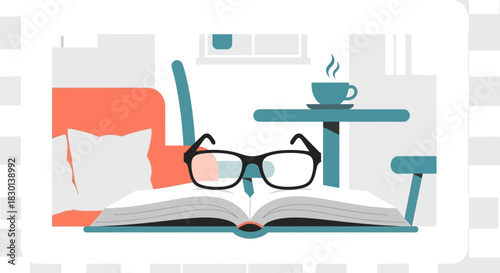 Open book with glasses and a cup of coffee on a table.