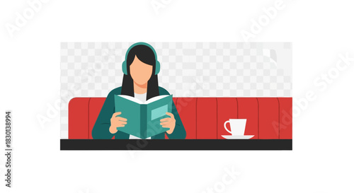 Woman wearing headphones reads a book with a cup of coffee.
