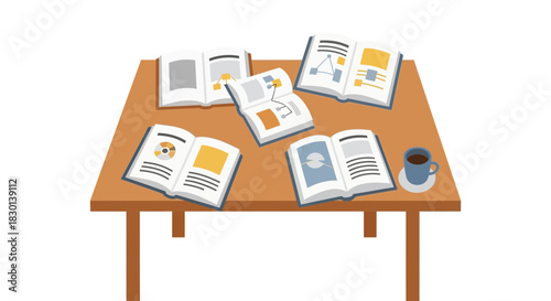 Open books and a cup of coffee on a wooden table.