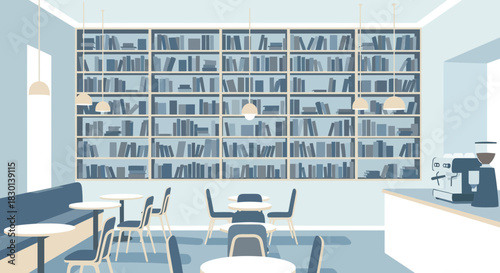 Cafe interior with bookshelves, tables, chairs, and coffee machine.