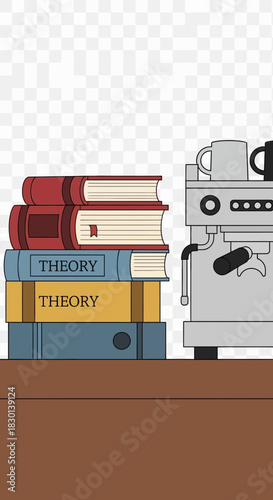 Stack of books next to a coffee machine with cups.