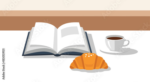 Open book, croissant, and coffee cup on a table.