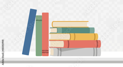 Stack of colorful books on a shelf, some standing, some horizontal.